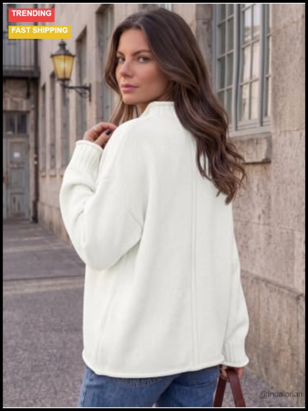 Oversized Mock Neck Knit Sweater Cotton Blend Pullover Fall - Picture 3 of 6
